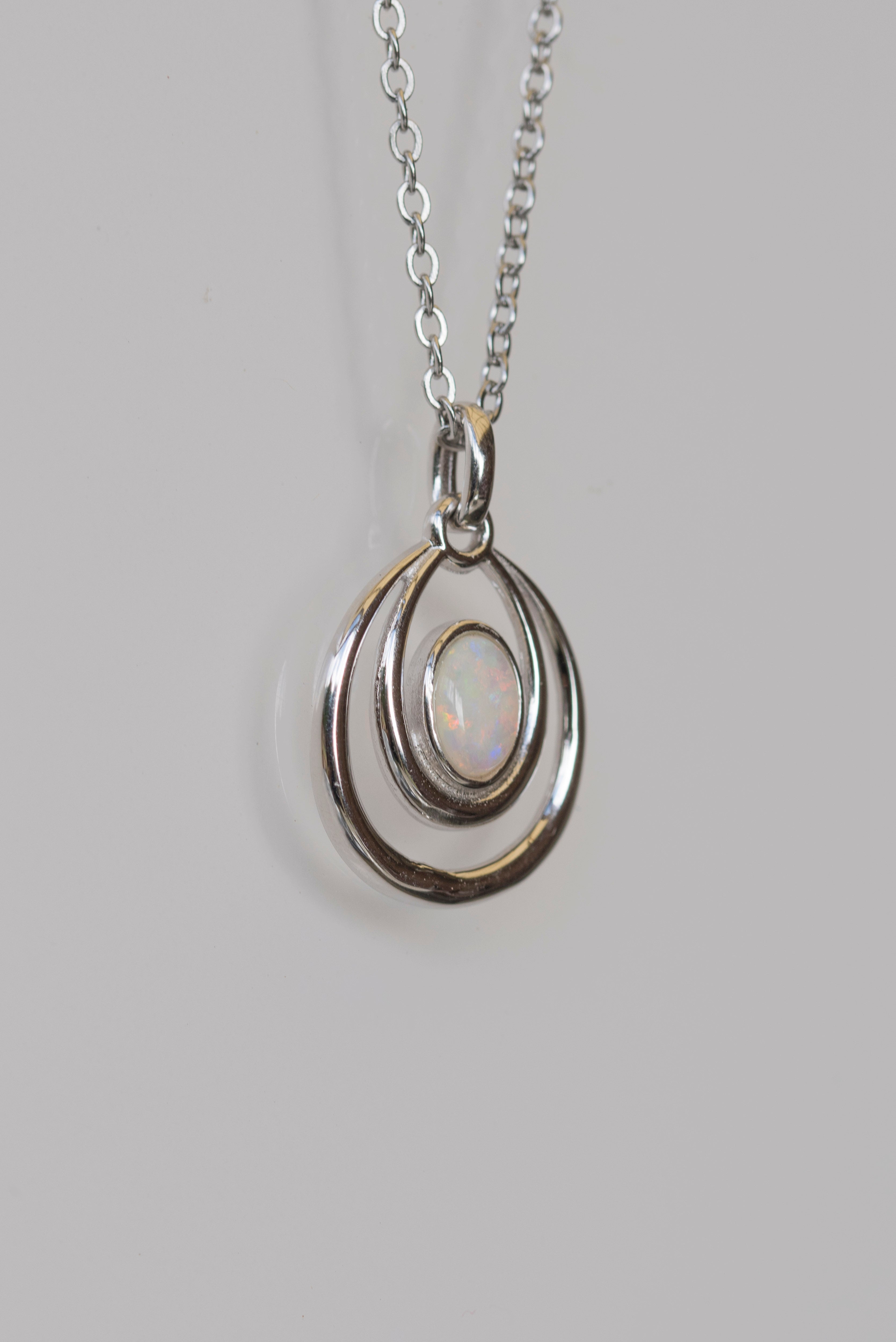 Genuine Australian Opal - Dainty Pendant - Multi Color Fire Opal - Australian Solid Opal Necklace Pendant in Sterling Silver White Gold Plated