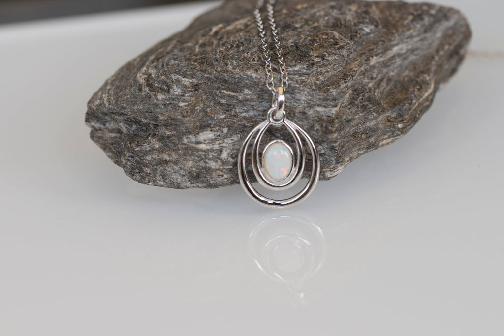 Genuine Australian Opal - Dainty Pendant - Multi Color Fire Opal - Australian Solid Opal Necklace Pendant in Sterling Silver White Gold Plated