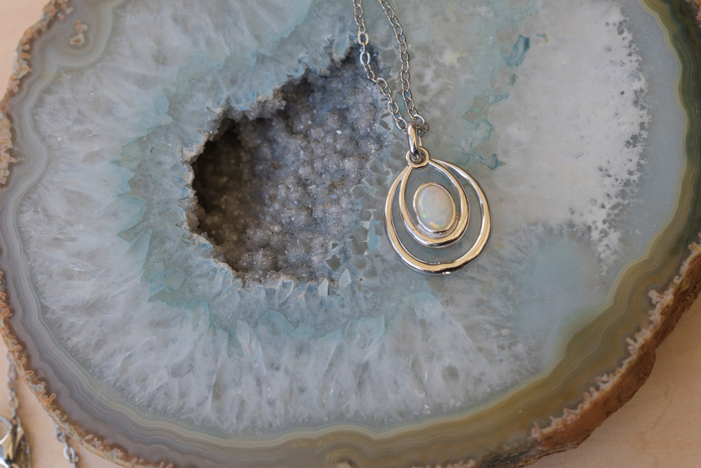 Genuine Australian Opal - Dainty Pendant - Multi Color Fire Opal - Australian Solid Opal Necklace Pendant in Sterling Silver White Gold Plated