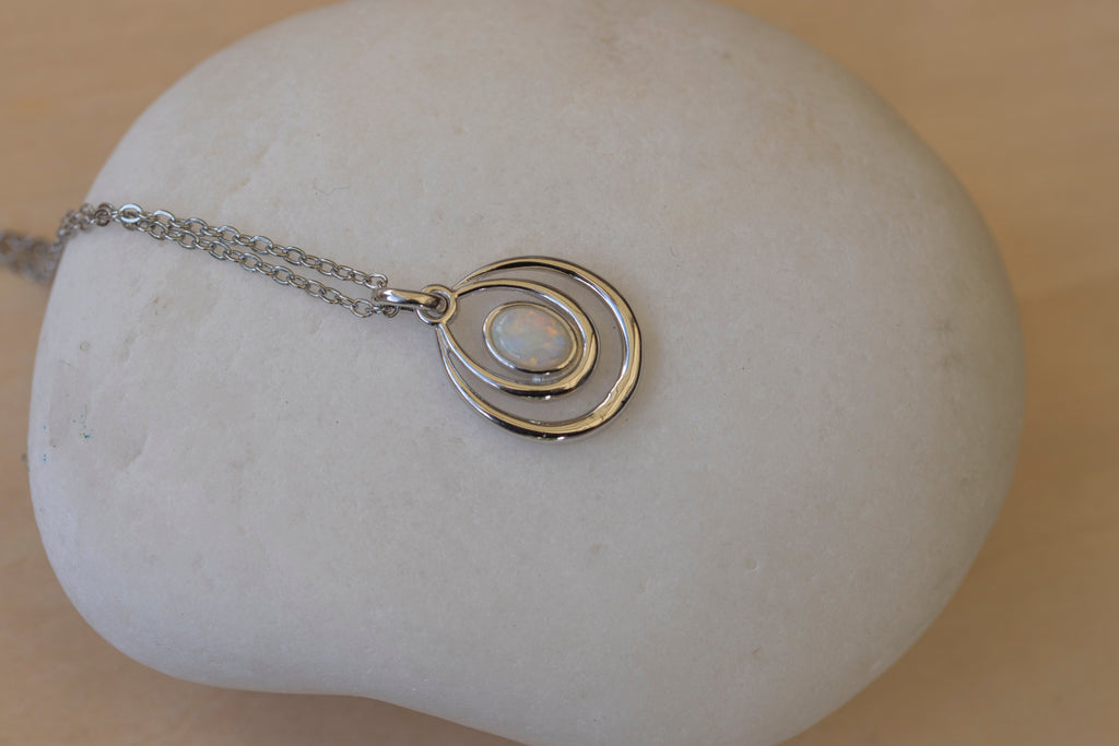 Genuine Australian Opal - Dainty Pendant - Multi Color Fire Opal - Australian Solid Opal Necklace Pendant in Sterling Silver White Gold Plated