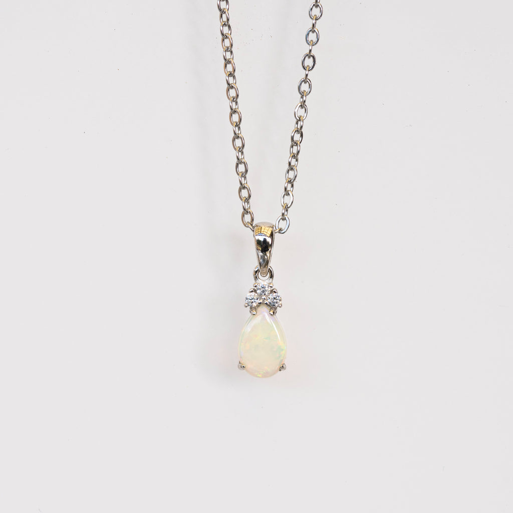 Hand Crafted Australian Opal Pendant - Multi Color Dainty Necklace in Sterling Silver White Gold Plated