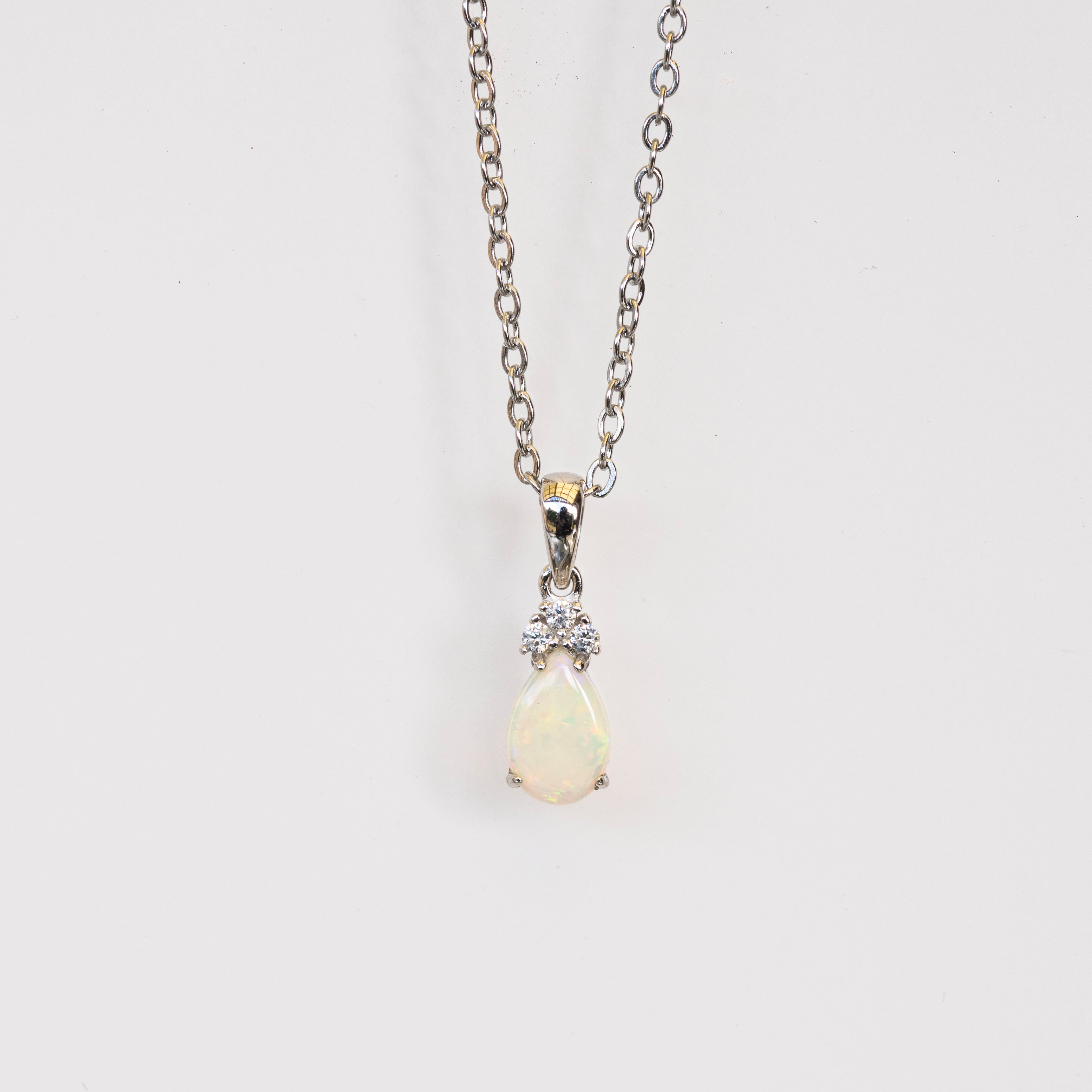 Hand Crafted Australian Opal Pendant - Multi Color Dainty Necklace in Sterling Silver White Gold Plated