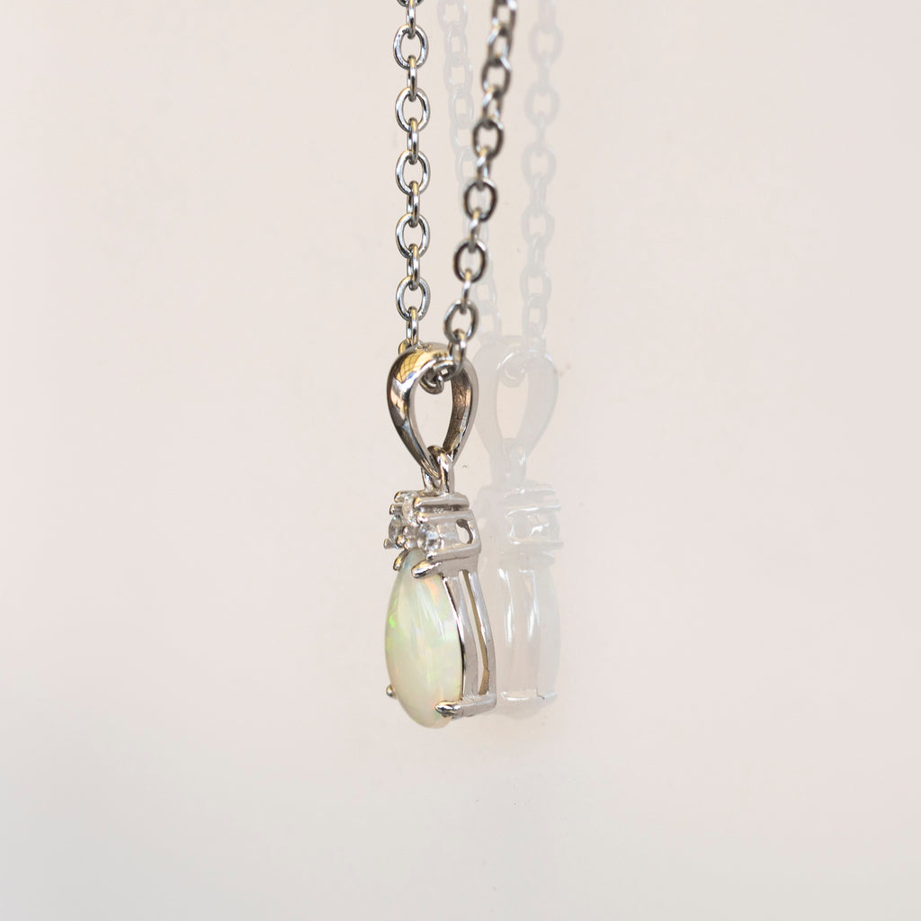 Hand Crafted Australian Opal Pendant - Multi Color Dainty Necklace in Sterling Silver White Gold Plated