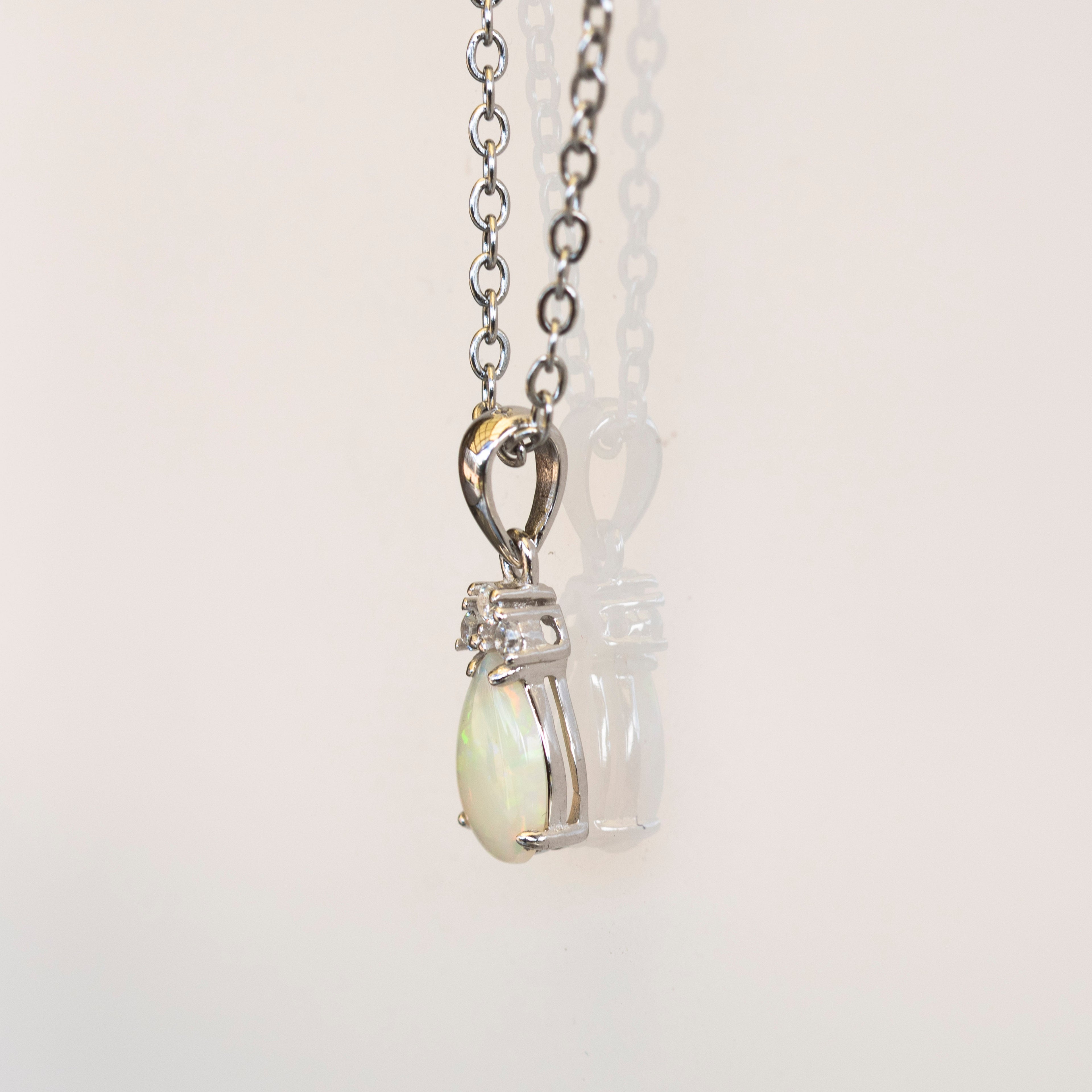 Hand Crafted Australian Opal Pendant - Multi Color Dainty Necklace in Sterling Silver White Gold Plated