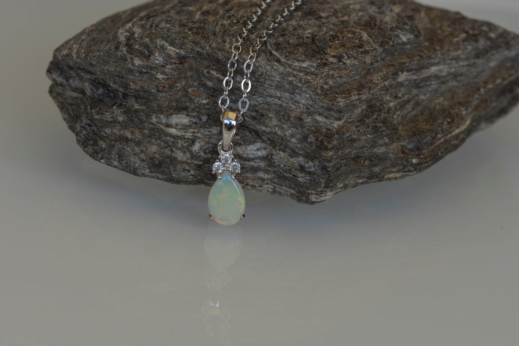 Hand Crafted Australian Opal Pendant - Multi Color Dainty Necklace in Sterling Silver White Gold Plated