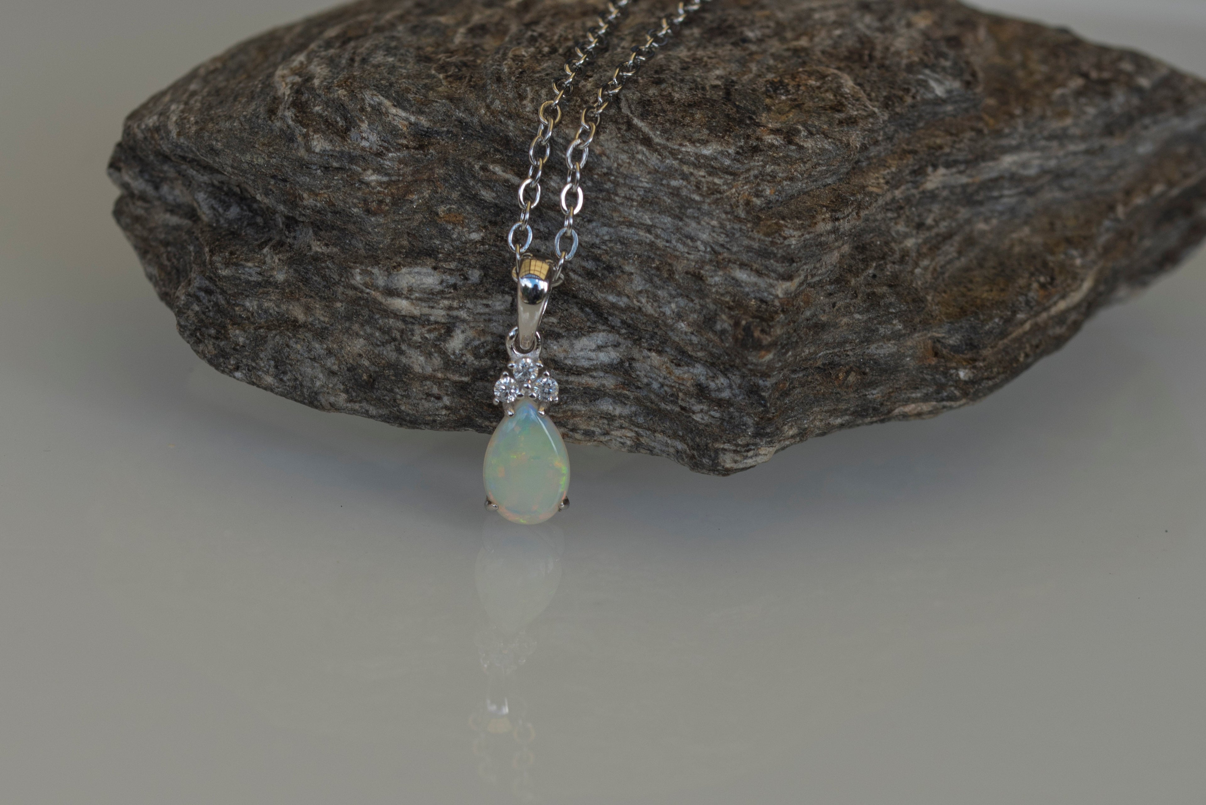 Hand Crafted Australian Opal Pendant - Multi Color Dainty Necklace in Sterling Silver White Gold Plated