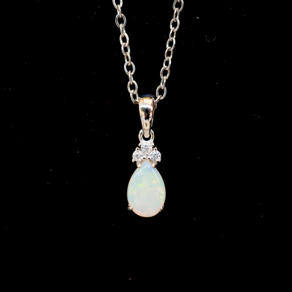 Hand Crafted Australian Opal Pendant - Multi Color Dainty Necklace in Sterling Silver White Gold Plated