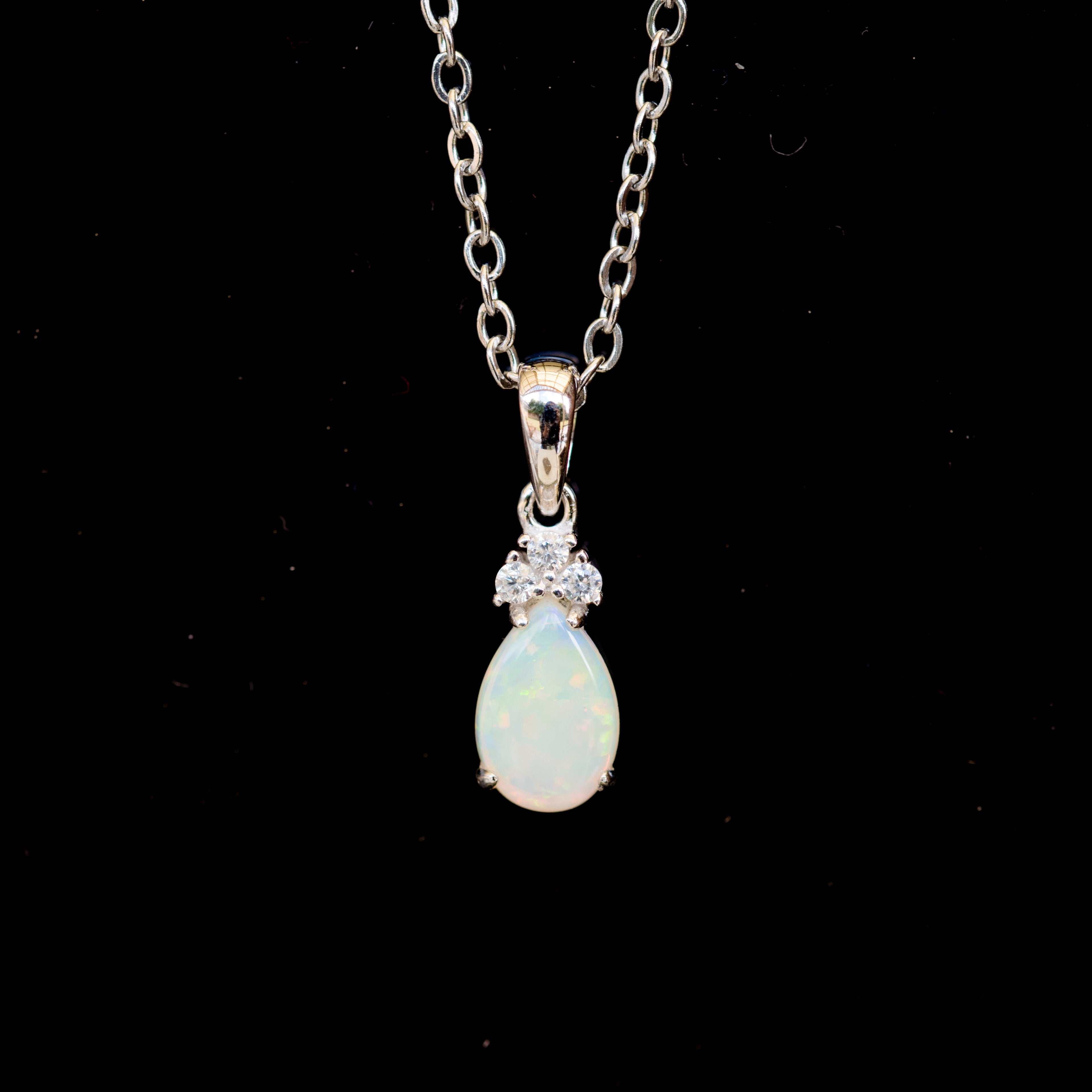 Hand Crafted Australian Opal Pendant - Multi Color Dainty Necklace in Sterling Silver White Gold Plated