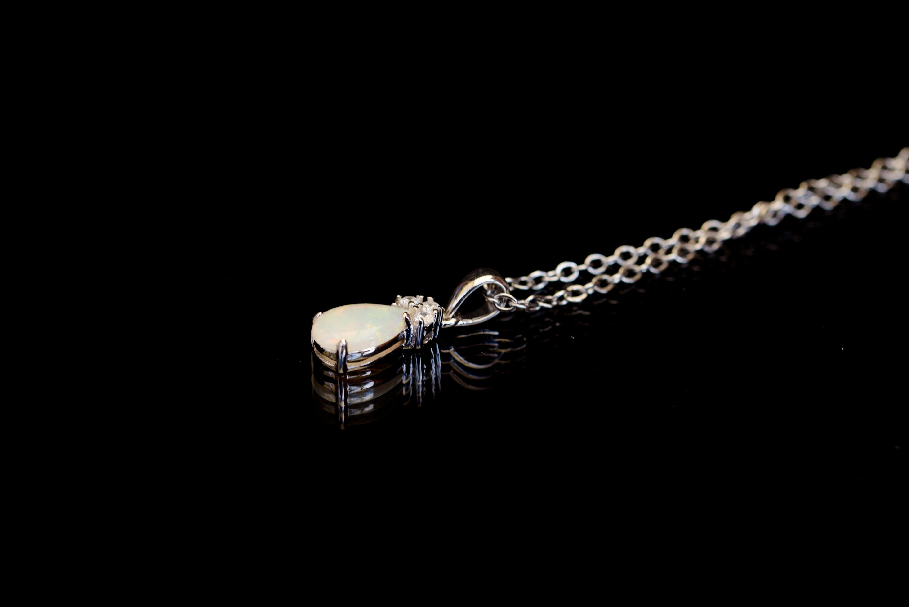 Hand Crafted Australian Opal Pendant - Multi Color Dainty Necklace in Sterling Silver White Gold Plated