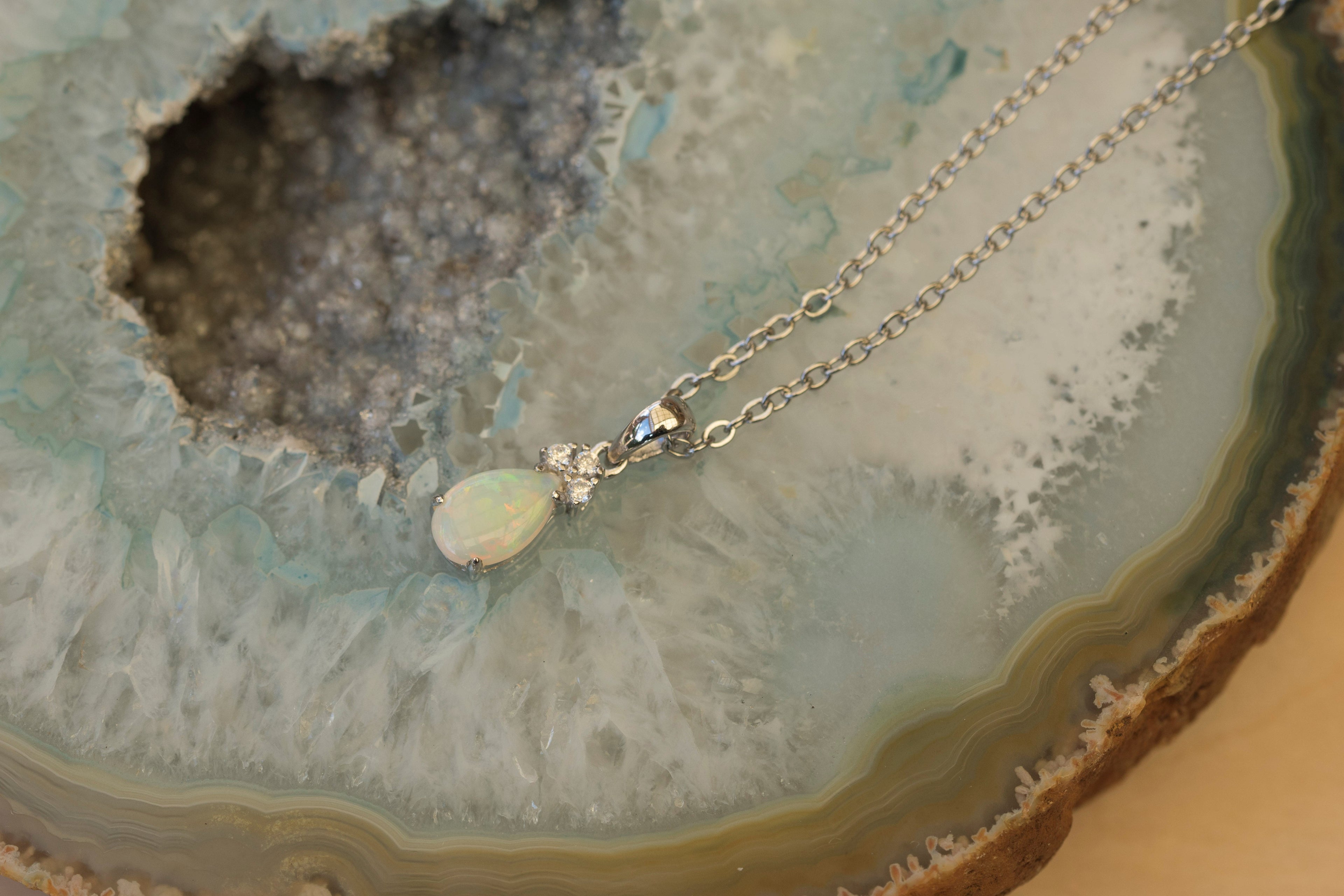 Hand Crafted Australian Opal Pendant - Multi Color Dainty Necklace in Sterling Silver White Gold Plated