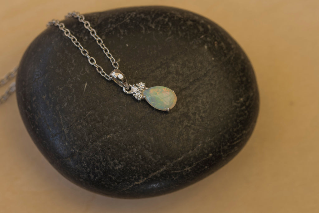 Hand Crafted Australian Opal Pendant - Multi Color Dainty Necklace in Sterling Silver White Gold Plated