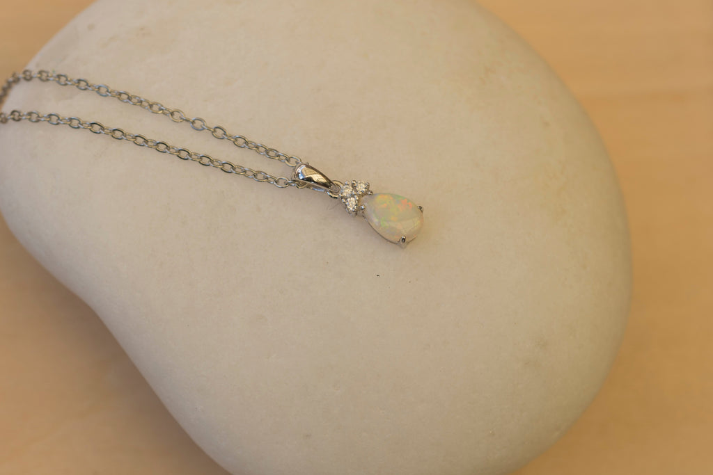 Hand Crafted Australian Opal Pendant - Multi Color Dainty Necklace in Sterling Silver White Gold Plated