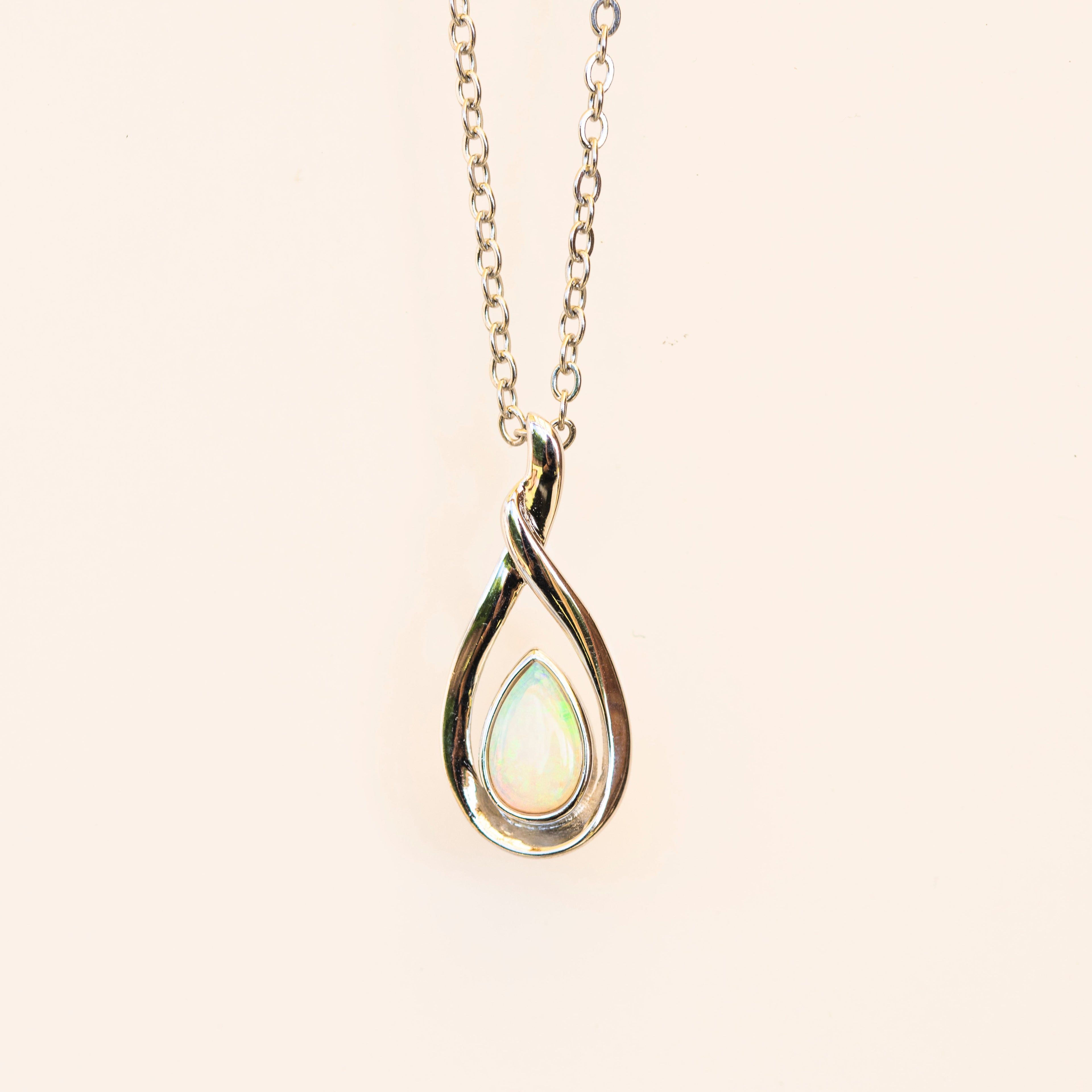 Handmade Australian Opal - Dainty Multi Color Fire Opal Necklace - Australian Solid Opal Necklace Pendant in Sterling Silver White Gold Plated