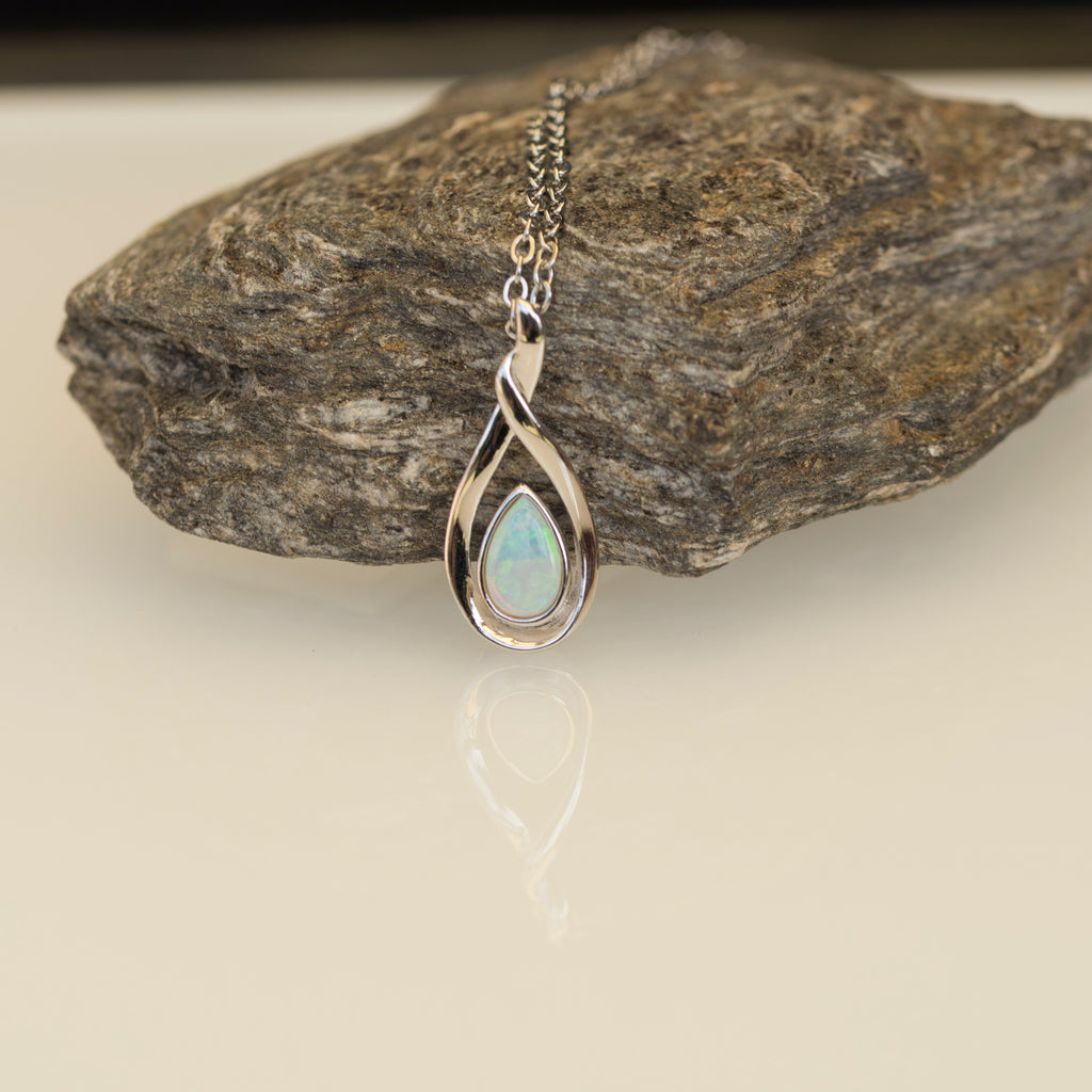 Handmade Australian Opal - Dainty Multi Color Fire Opal Necklace - Australian Solid Opal Necklace Pendant in Sterling Silver White Gold Plated