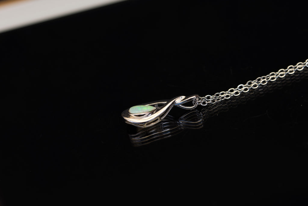 Handmade Australian Opal - Dainty Multi Color Fire Opal Necklace - Australian Solid Opal Necklace Pendant in Sterling Silver White Gold Plated
