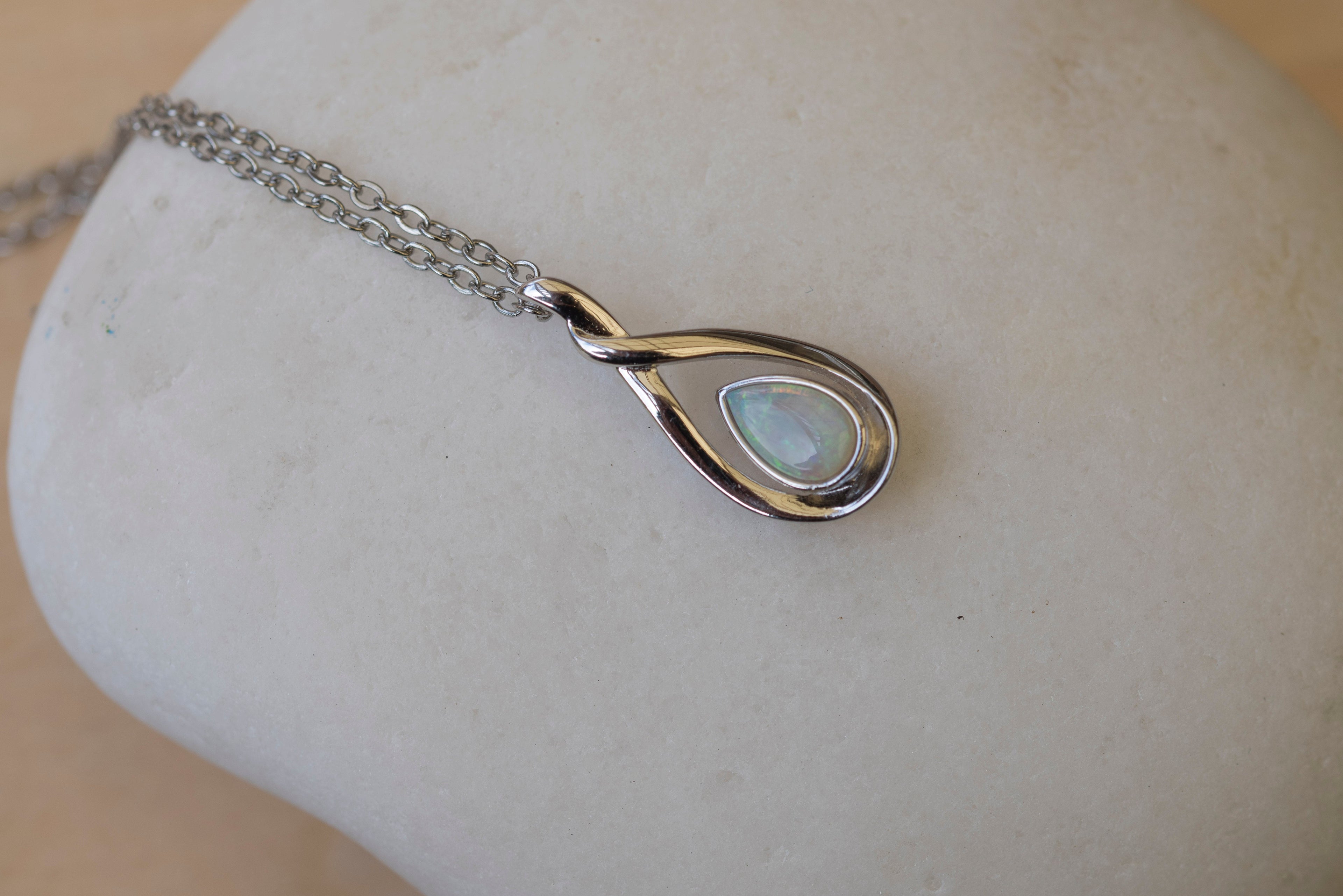 Handmade Australian Opal - Dainty Multi Color Fire Opal Necklace - Australian Solid Opal Necklace Pendant in Sterling Silver White Gold Plated