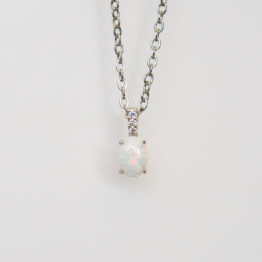 Australian Opal Jewelry - Dainty Multi Color Fire Opa Pendant - Australian Solid Opal Necklace in Sterling Silver White Gold Plated
