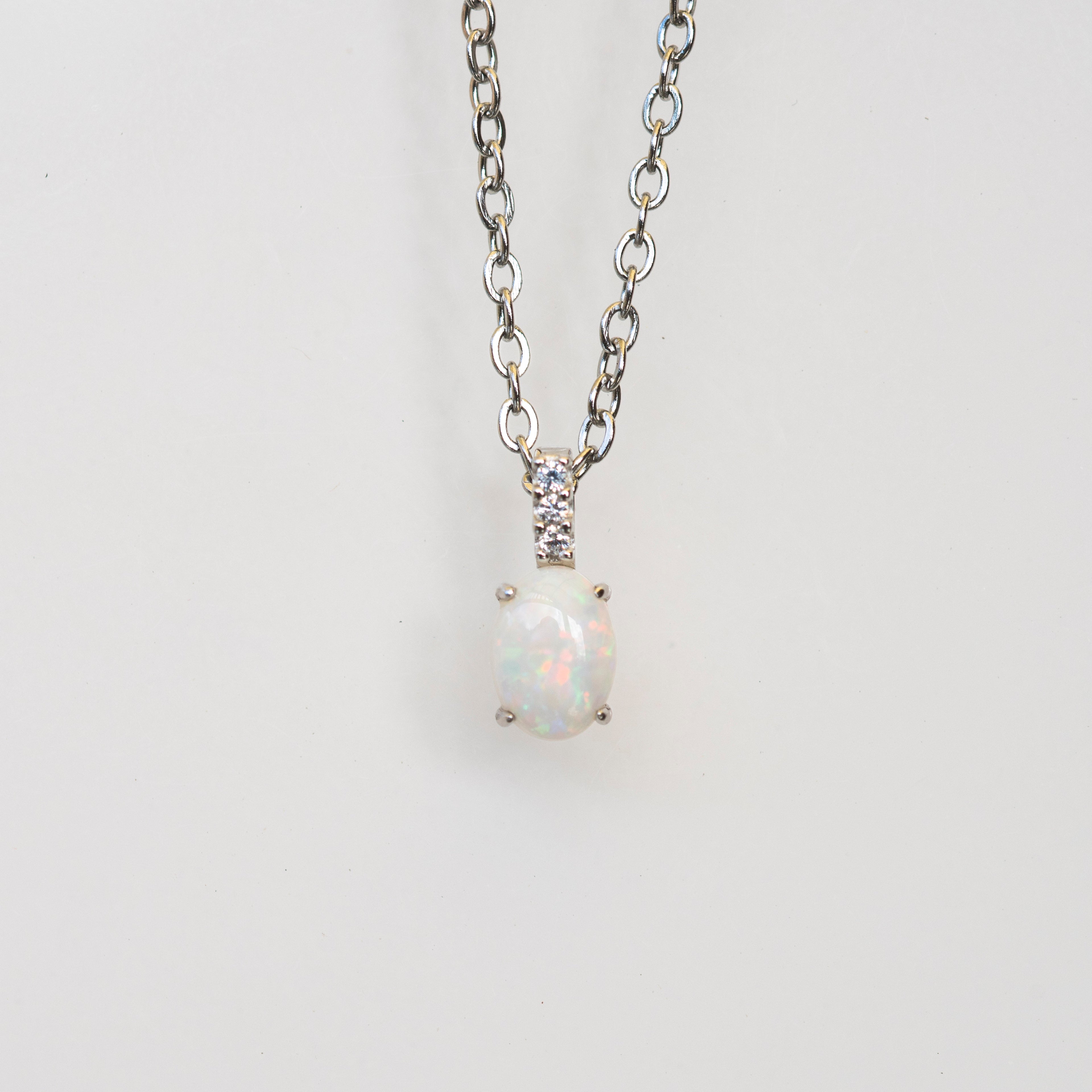 Australian Opal Jewelry - Dainty Multi Color Fire Opa Pendant - Australian Solid Opal Necklace in Sterling Silver White Gold Plated