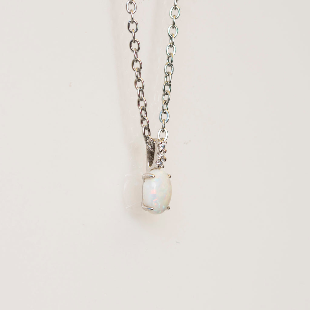 Australian Opal Jewelry - Dainty Multi Color Fire Opa Pendant - Australian Solid Opal Necklace in Sterling Silver White Gold Plated