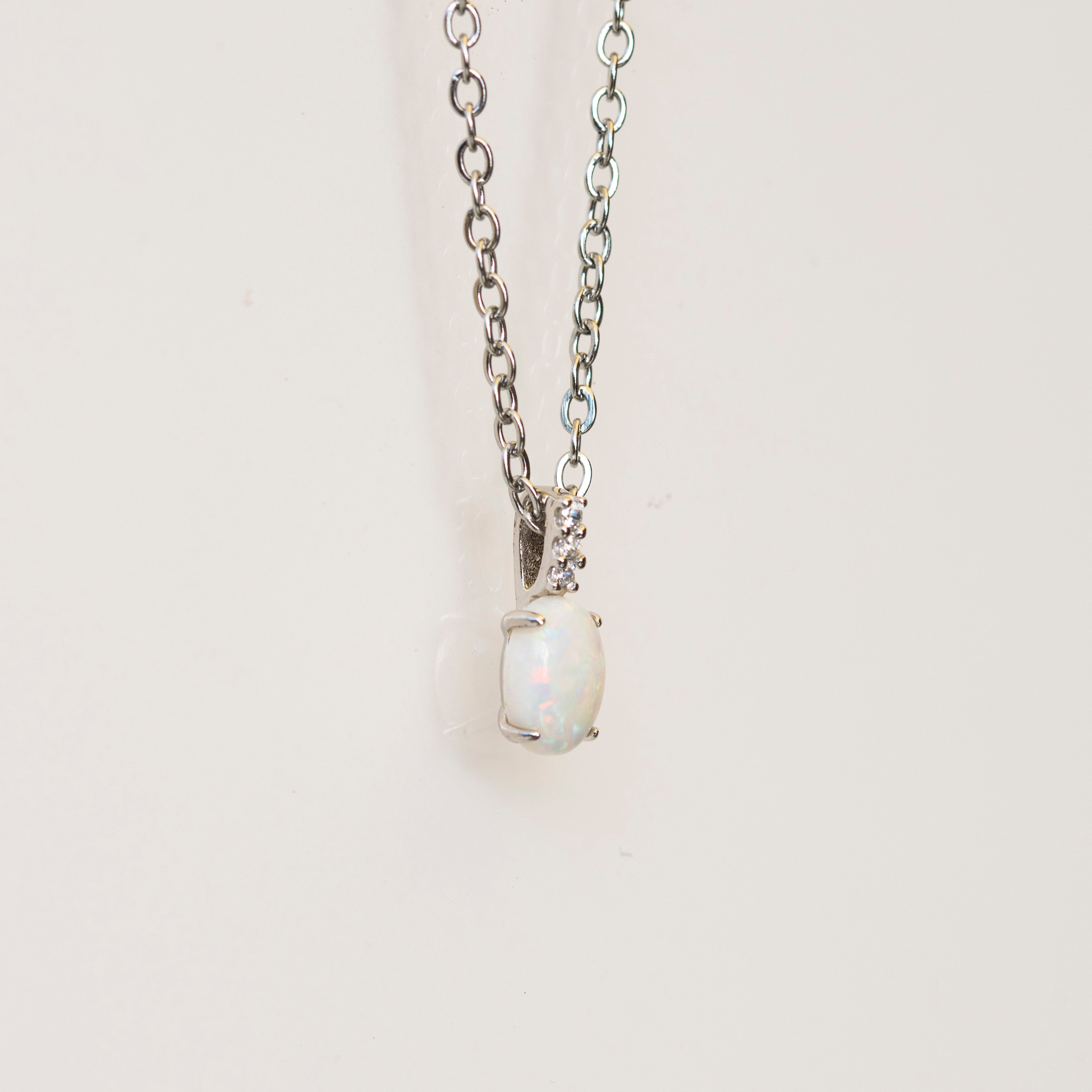 Australian Opal Jewelry - Dainty Multi Color Fire Opa Pendant - Australian Solid Opal Necklace in Sterling Silver White Gold Plated