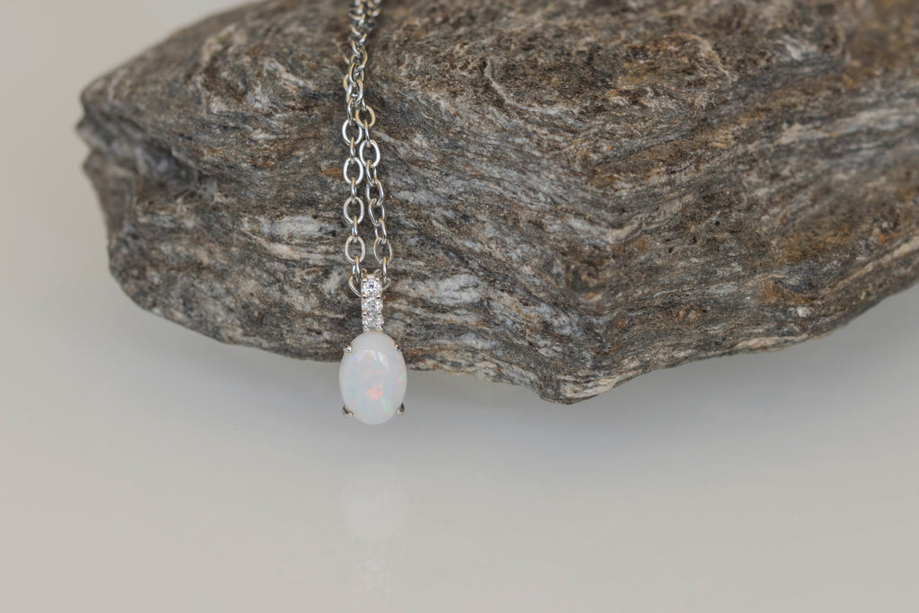 Australian Opal Jewelry - Dainty Multi Color Fire Opa Pendant - Australian Solid Opal Necklace in Sterling Silver White Gold Plated