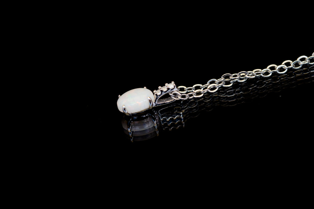 Australian Opal Jewelry - Dainty Multi Color Fire Opa Pendant - Australian Solid Opal Necklace in Sterling Silver White Gold Plated