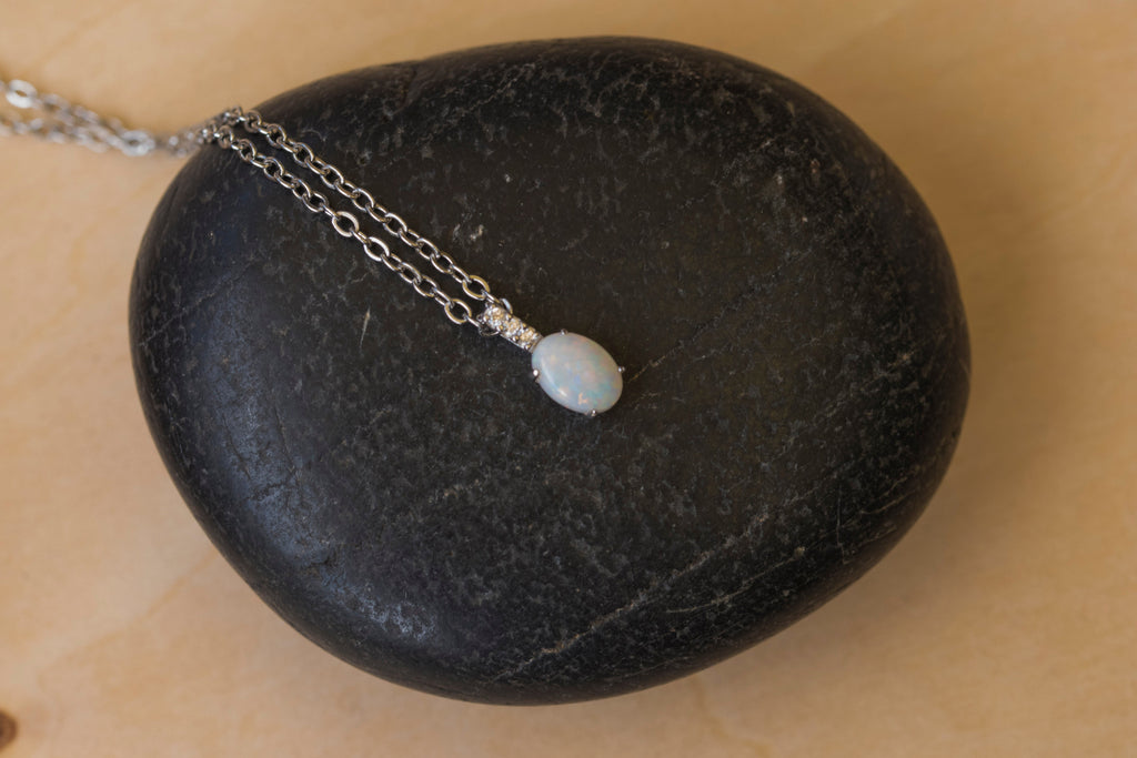 Australian Opal Jewelry - Dainty Multi Color Fire Opa Pendant - Australian Solid Opal Necklace in Sterling Silver White Gold Plated
