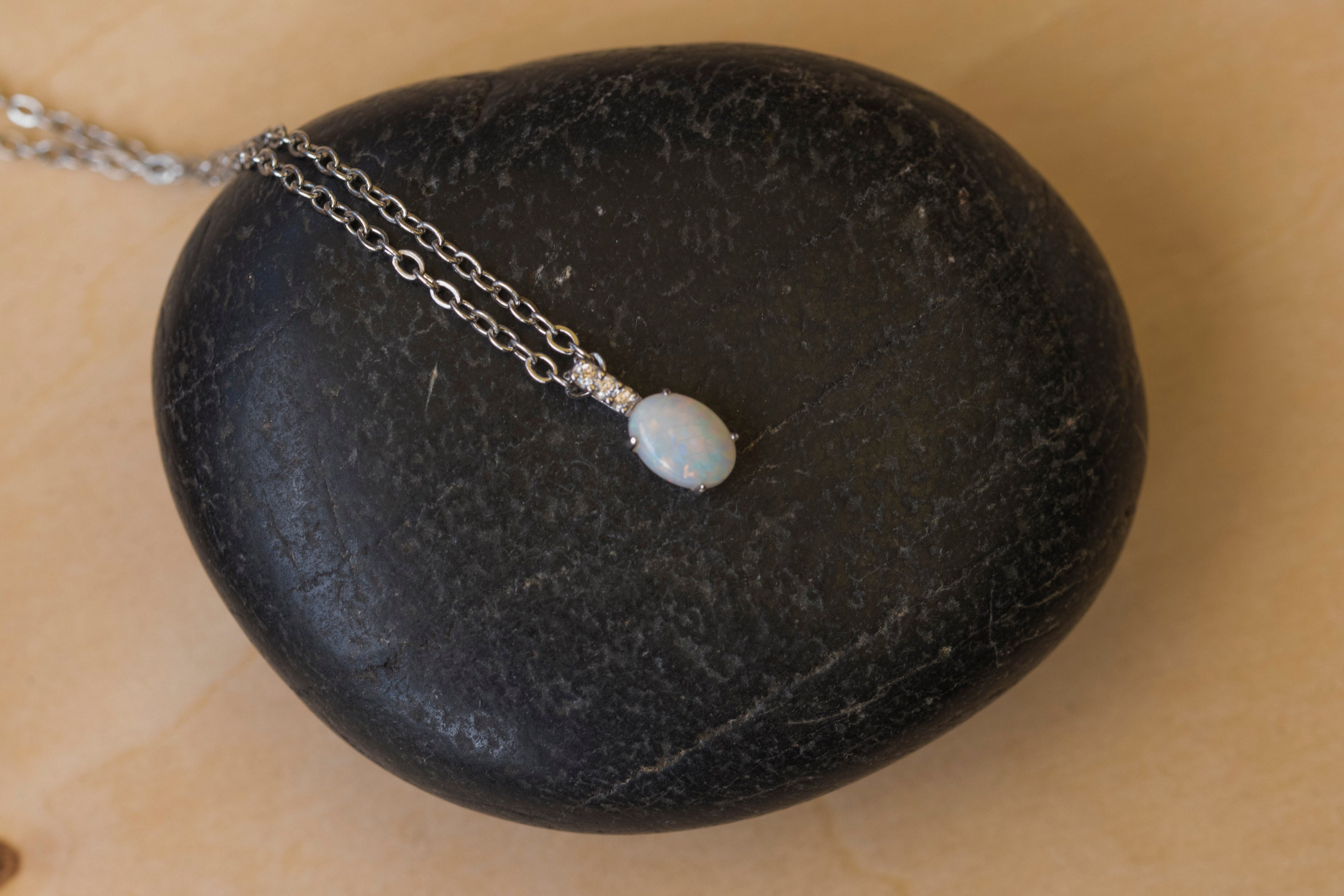 Australian Opal Jewelry - Dainty Multi Color Fire Opa Pendant - Australian Solid Opal Necklace in Sterling Silver White Gold Plated