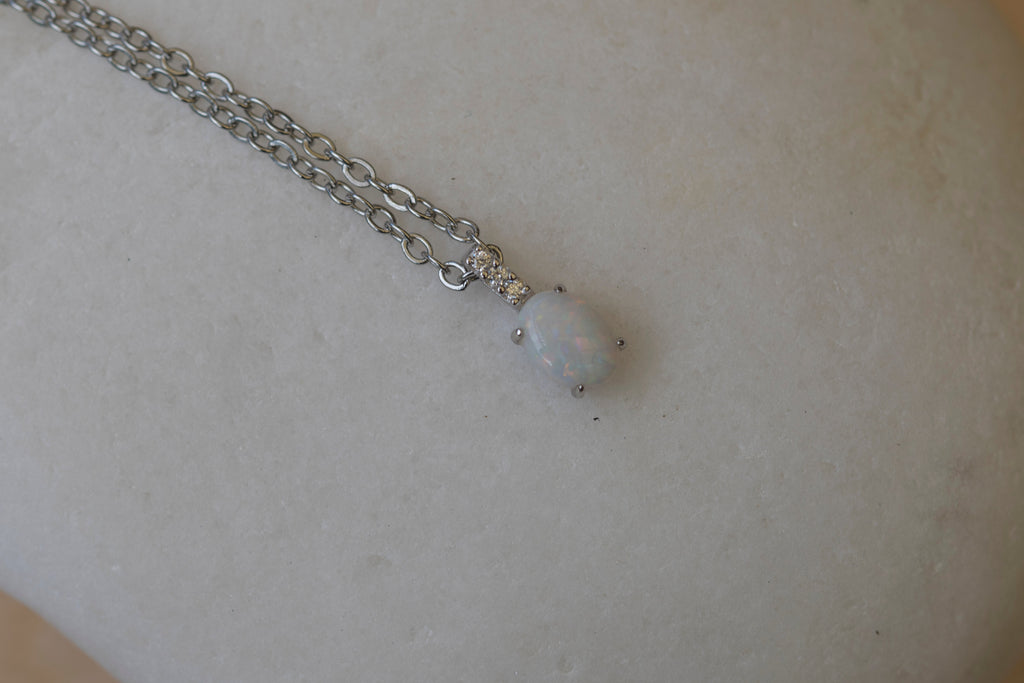 Australian Opal Jewelry - Dainty Multi Color Fire Opa Pendant - Australian Solid Opal Necklace in Sterling Silver White Gold Plated
