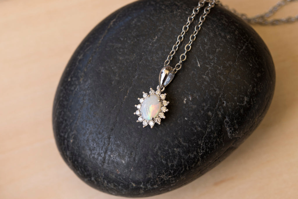 Australian Opal - Dainty Multi Color Pendant - Australian Solid Opal Necklace Pendant in Sterling Silver White Gold Plated