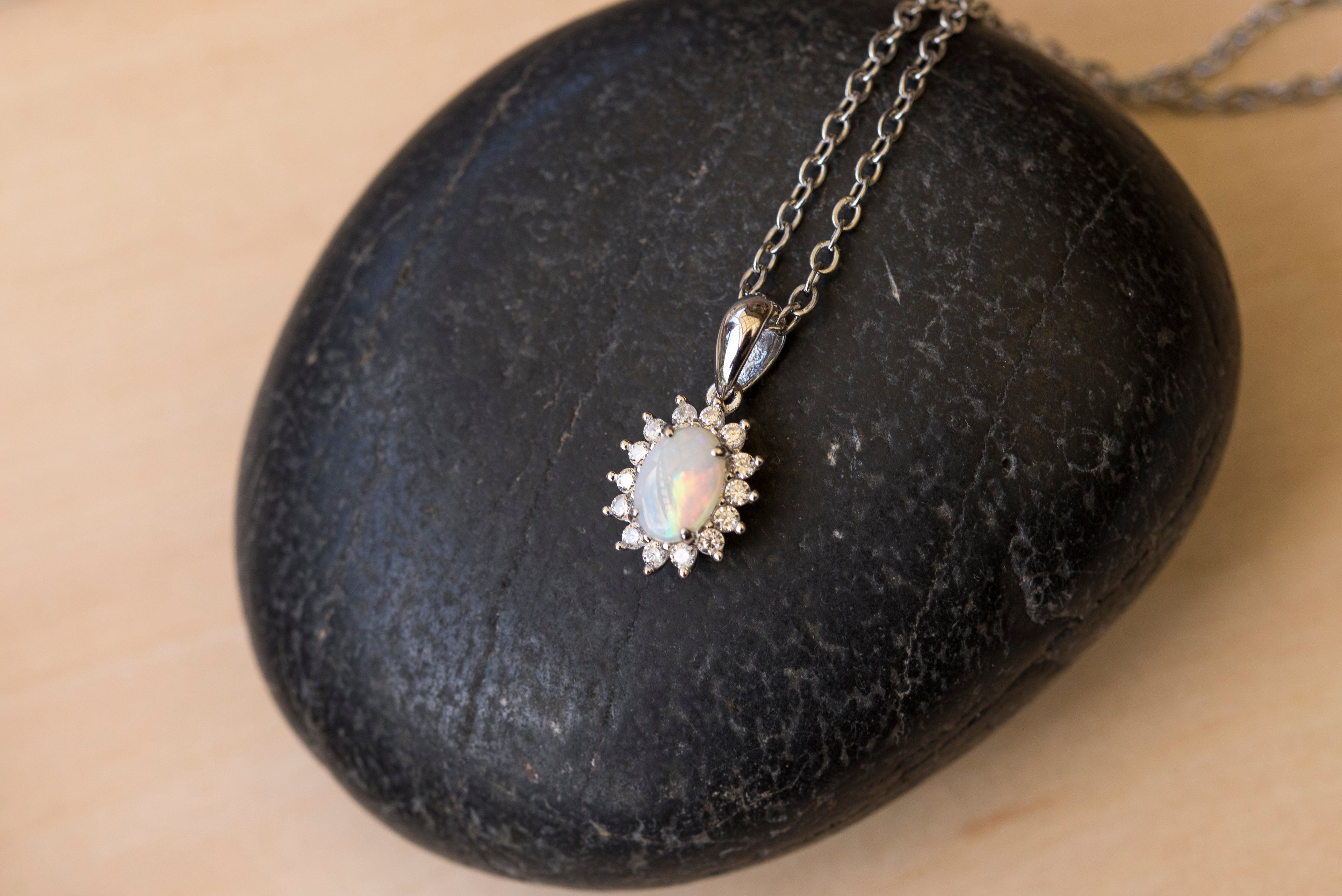 Australian Opal - Dainty Multi Color Pendant - Australian Solid Opal Necklace Pendant in Sterling Silver White Gold Plated
