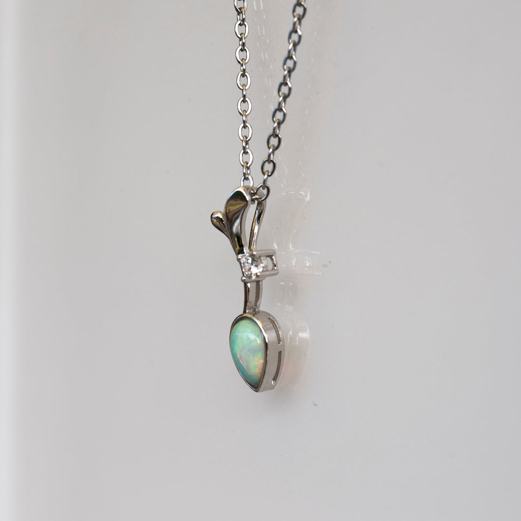 Genuine Australian Opal - Dainty Multi Color Fire Opal Necklace - Australian Solid Opal Pendant in Sterling Silver White Gold Plated
