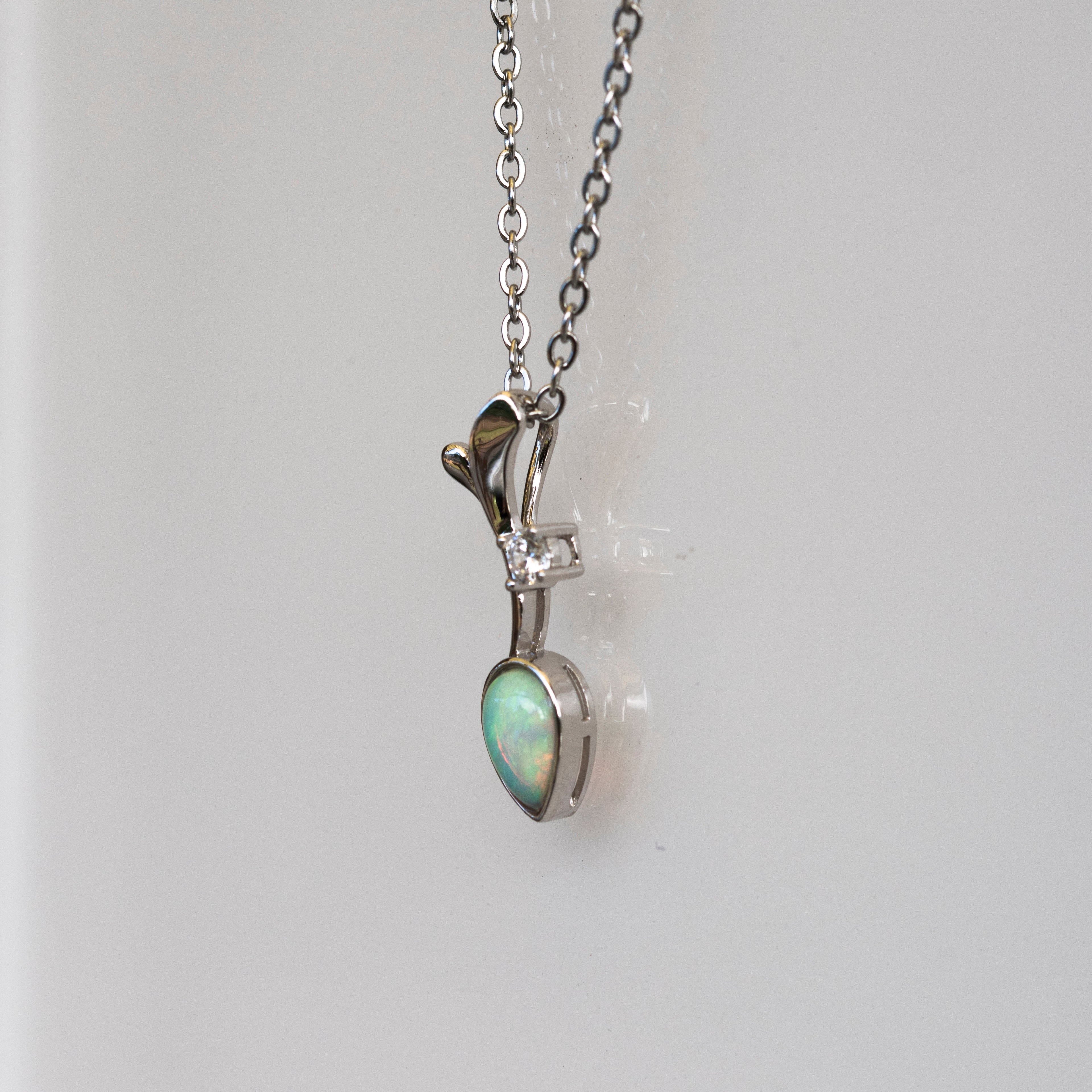 Genuine Australian Opal - Dainty Multi Color Fire Opal Necklace - Australian Solid Opal Pendant in Sterling Silver White Gold Plated