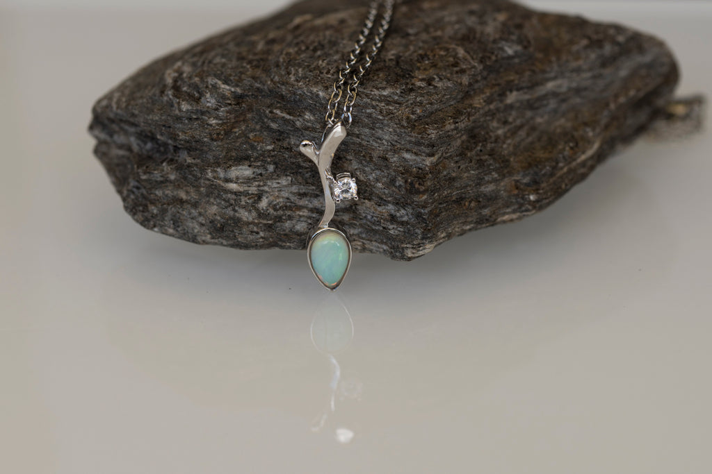 Genuine Australian Opal - Dainty Multi Color Fire Opal Necklace - Australian Solid Opal Pendant in Sterling Silver White Gold Plated