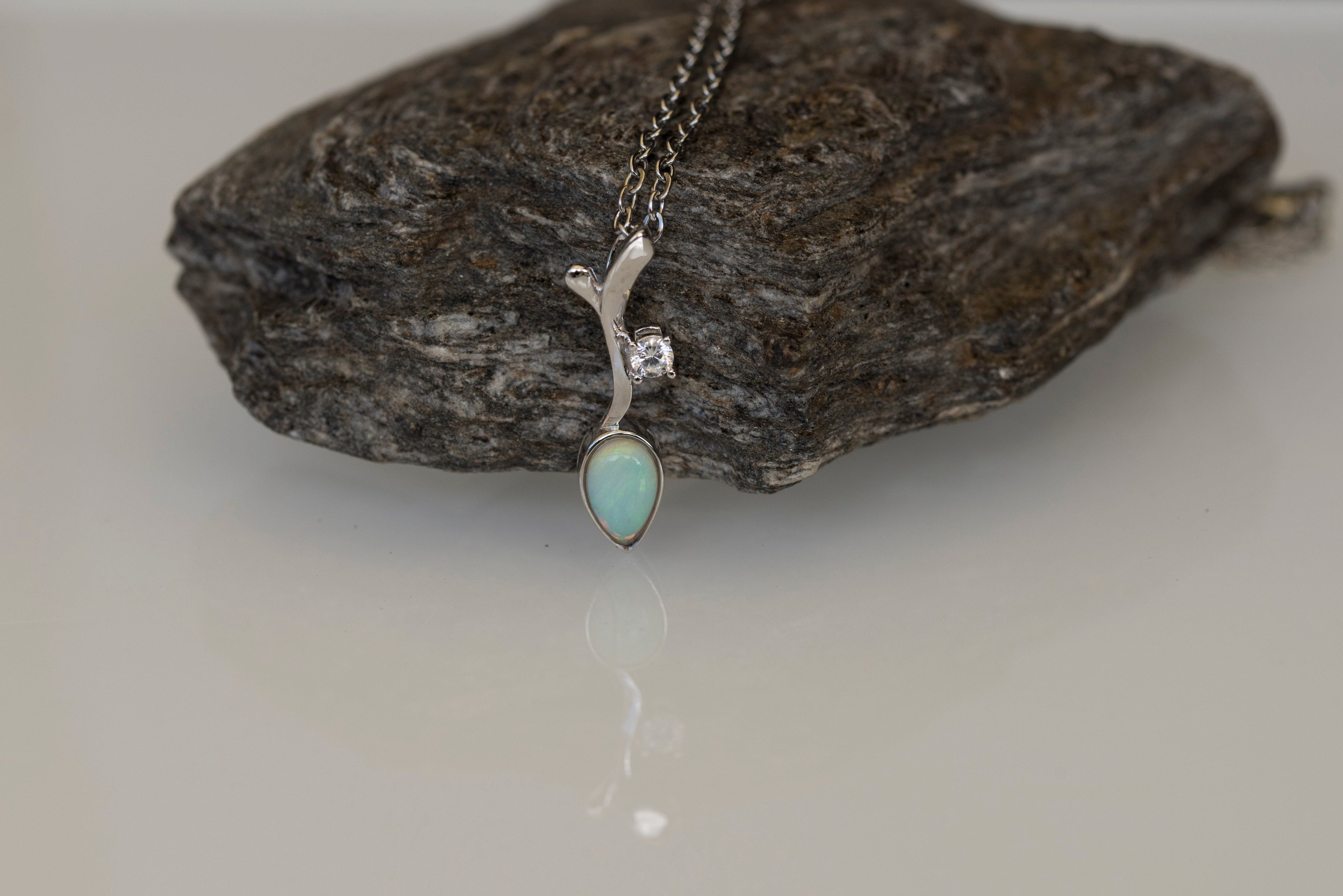 Genuine Australian Opal - Dainty Multi Color Fire Opal Necklace - Australian Solid Opal Pendant in Sterling Silver White Gold Plated