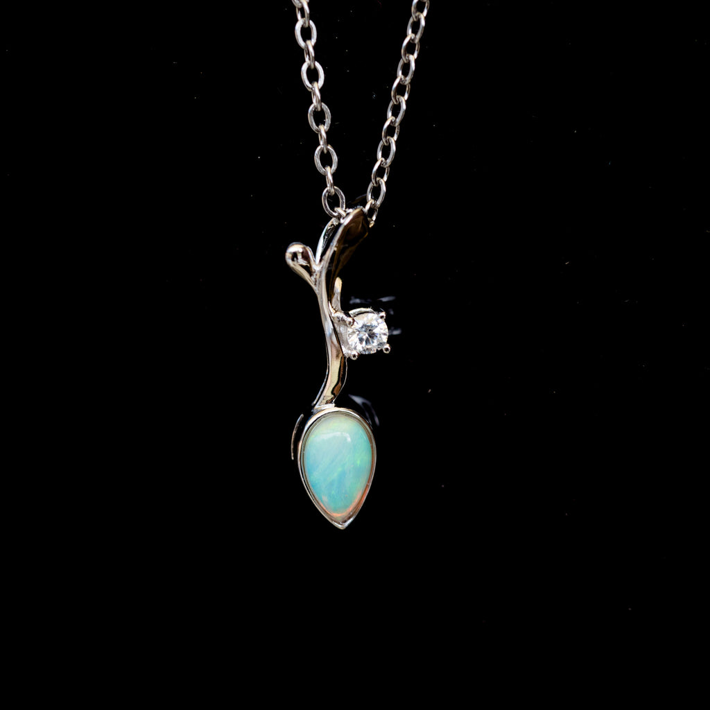 Genuine Australian Opal - Dainty Multi Color Fire Opal Necklace - Australian Solid Opal Pendant in Sterling Silver White Gold Plated