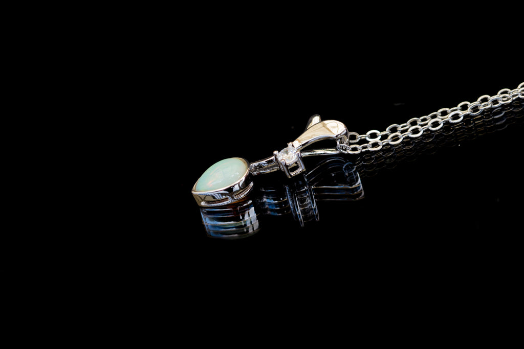 Genuine Australian Opal - Dainty Multi Color Fire Opal Necklace - Australian Solid Opal Pendant in Sterling Silver White Gold Plated