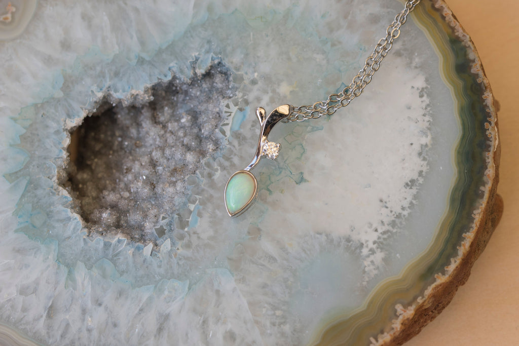 Genuine Australian Opal - Dainty Multi Color Fire Opal Necklace - Australian Solid Opal Pendant in Sterling Silver White Gold Plated