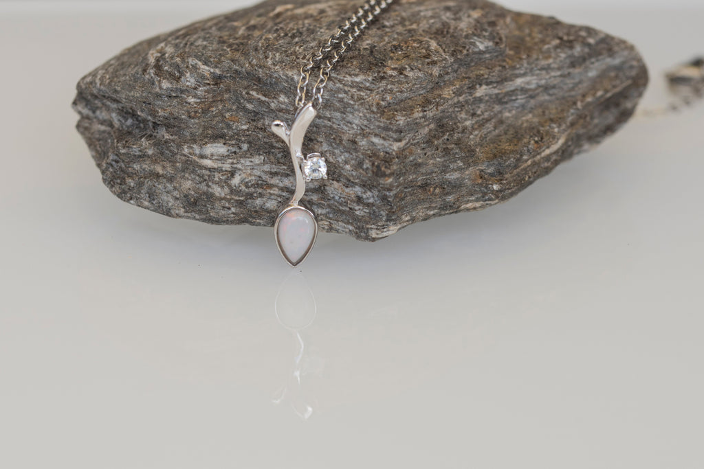 Dainty Australian Opal Pendant - Multi Color Fire Opal Necklace - Australian Solid Opal Necklace Pendant in Sterling Silver White Gold Plated