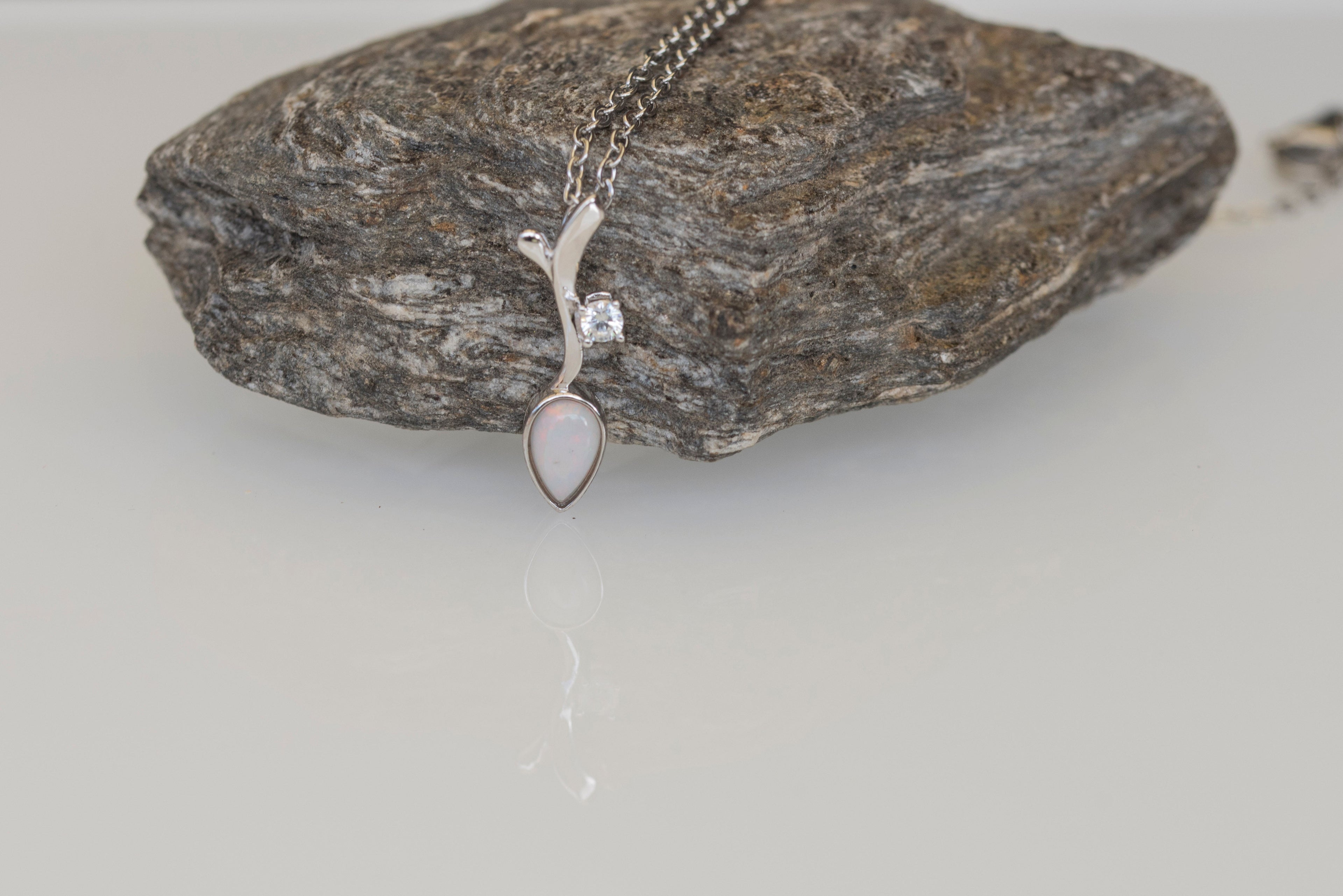 Dainty Australian Opal Pendant - Multi Color Fire Opal Necklace - Australian Solid Opal Necklace Pendant in Sterling Silver White Gold Plated