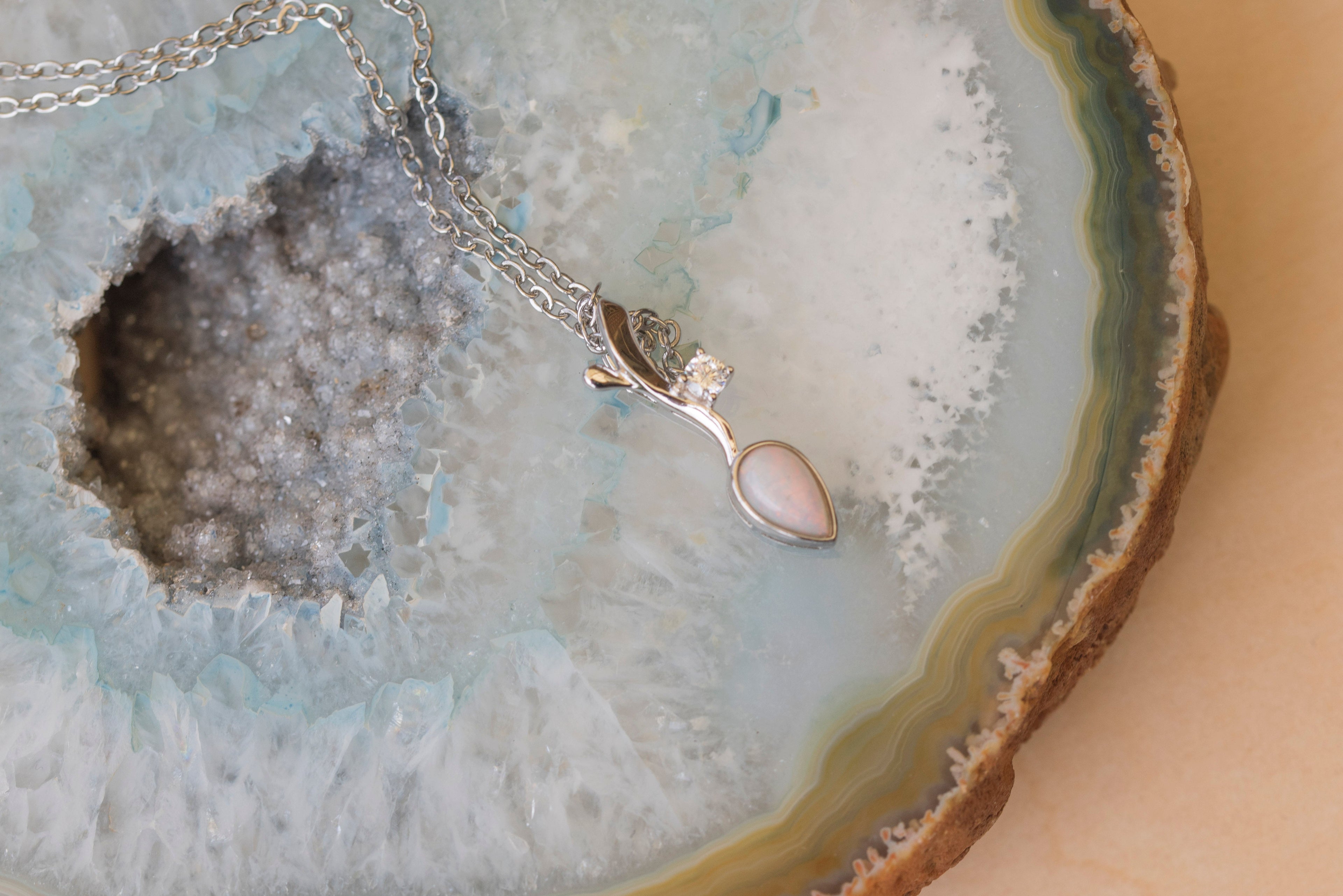 Dainty Australian Opal Pendant - Multi Color Fire Opal Necklace - Australian Solid Opal Necklace Pendant in Sterling Silver White Gold Plated