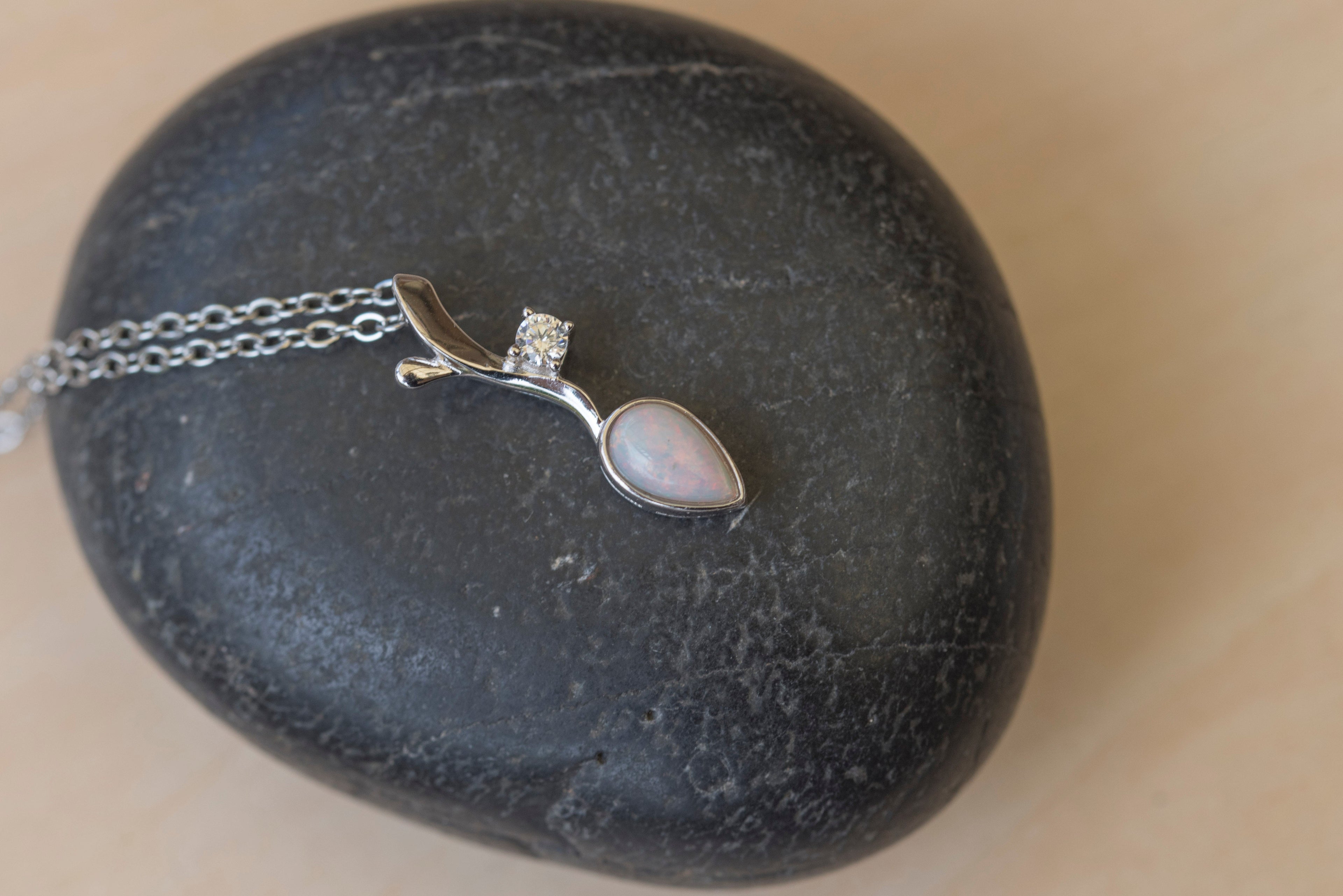 Dainty Australian Opal Pendant - Multi Color Fire Opal Necklace - Australian Solid Opal Necklace Pendant in Sterling Silver White Gold Plated