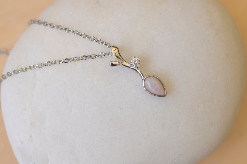 Dainty Australian Opal Pendant - Multi Color Fire Opal Necklace - Australian Solid Opal Necklace Pendant in Sterling Silver White Gold Plated