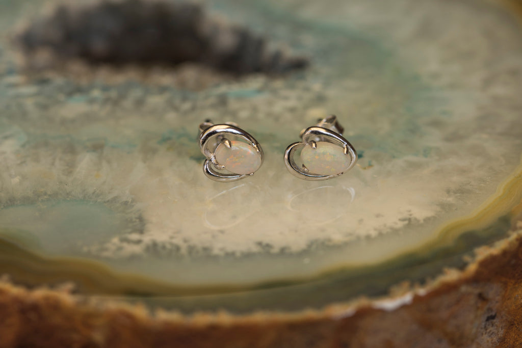 Genuine Australian Opal - Dainty Earrings in Multi Color - Australian Solid Opal Earrings in Sterling Silver White Gold Plated