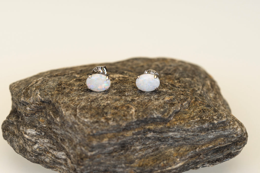 Simple Design Genuine Australian Opal Jewelry - Australian Opal Earrings in Sterling Silver White Gold Plated
