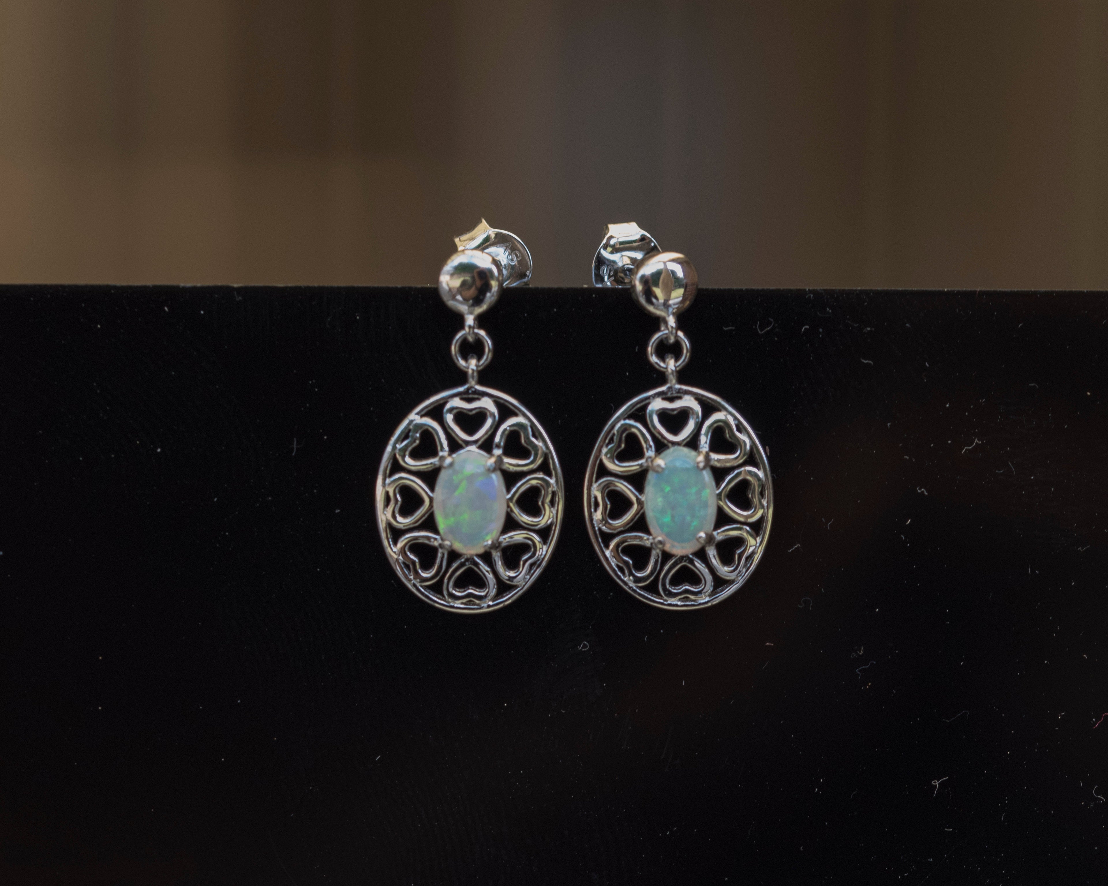 Genuine Australian Opal - Multi Color Fire Opal Earrings - Dangling Australian Solid White Opal Earrings in Sterling Silver White Gold Plated