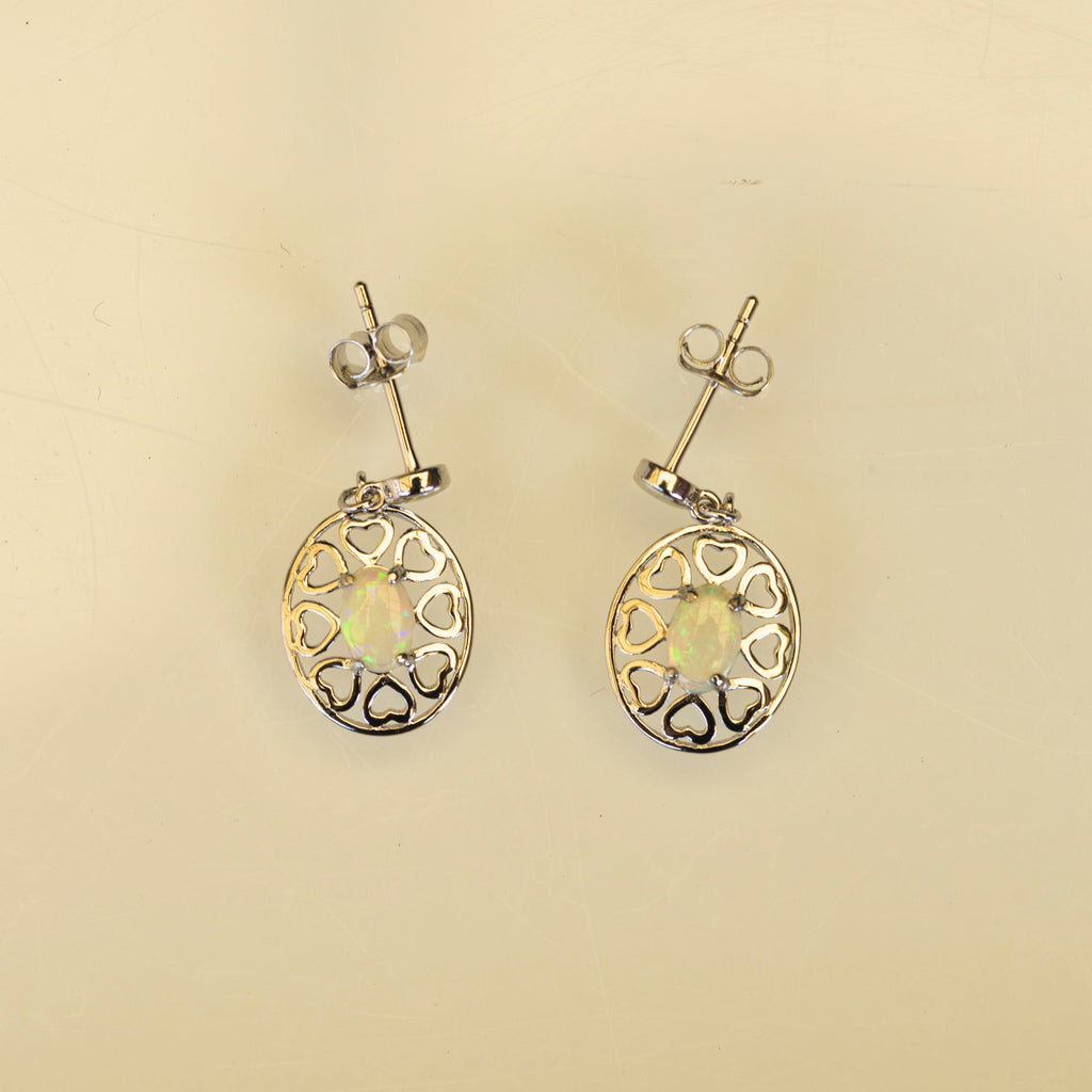 Genuine Australian Opal - Multi Color Fire Opal Earrings - Dangling Australian Solid White Opal Earrings in Sterling Silver White Gold Plated