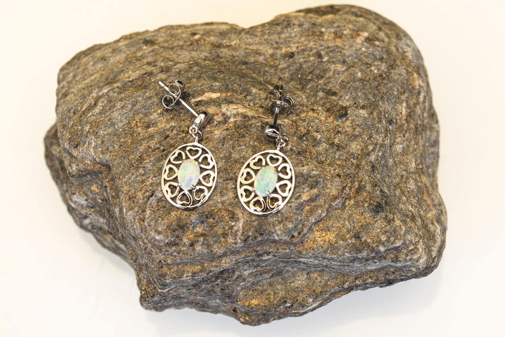 Genuine Australian Opal - Multi Color Fire Opal Earrings - Dangling Australian Solid White Opal Earrings in Sterling Silver White Gold Plated