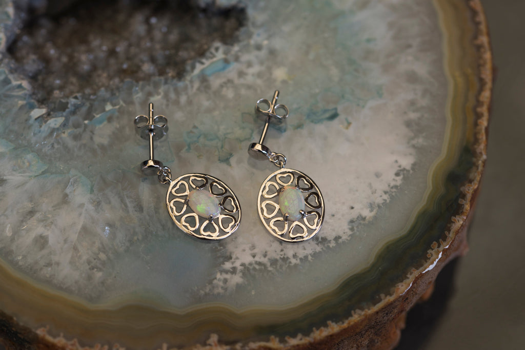 Genuine Australian Opal - Multi Color Fire Opal Earrings - Dangling Australian Solid White Opal Earrings in Sterling Silver White Gold Plated