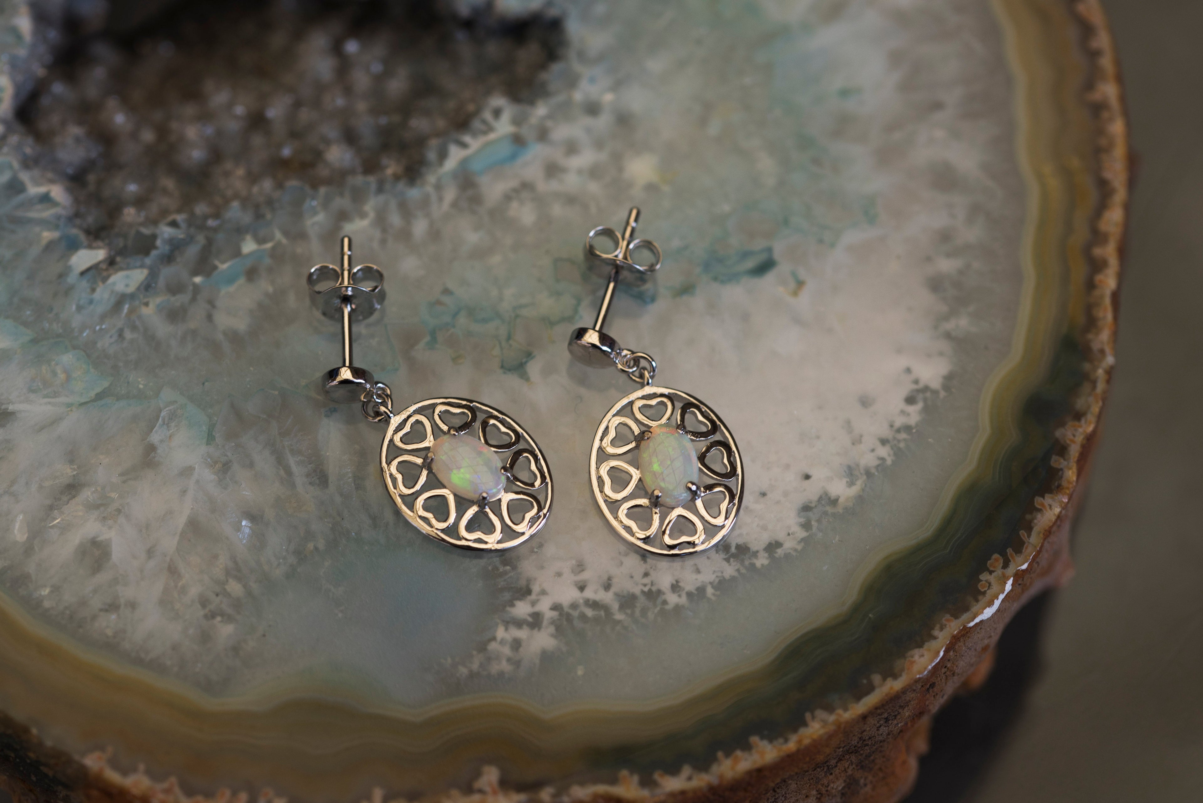 Genuine Australian Opal - Multi Color Fire Opal Earrings - Dangling Australian Solid White Opal Earrings in Sterling Silver White Gold Plated